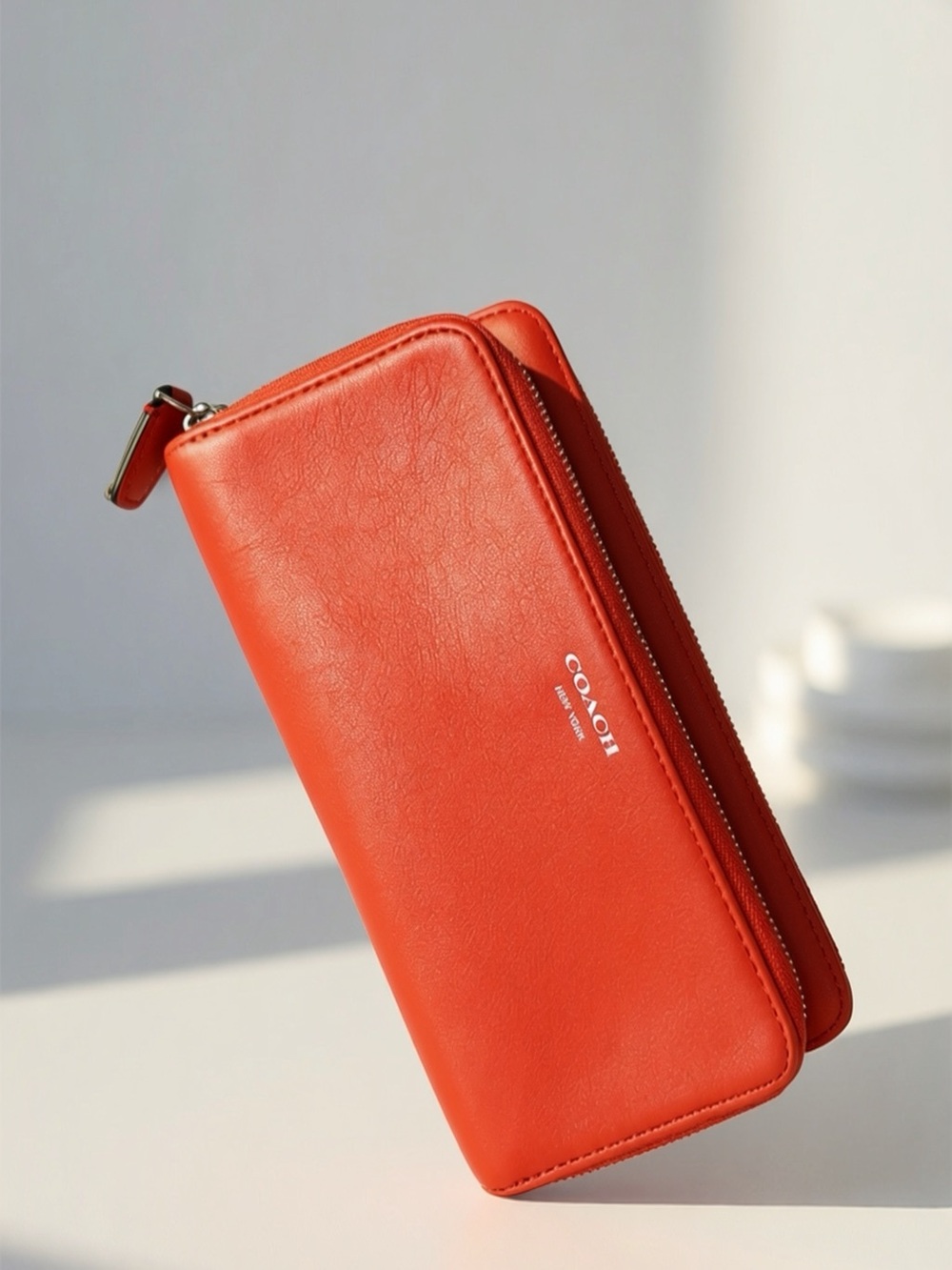 Coach Red Double Zip Leather Accordion Wallet Wristlet Large Zip Around